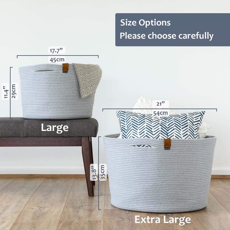 DENJA & CO Extra Large Woven Basket for Storage | Organize Pillows, Toys, and Laundry | Cotton Rope Storage Basket for Blankets, Towels and Nursery Storage | Light Gray (21 inches x 13.8 inches) - Image 5